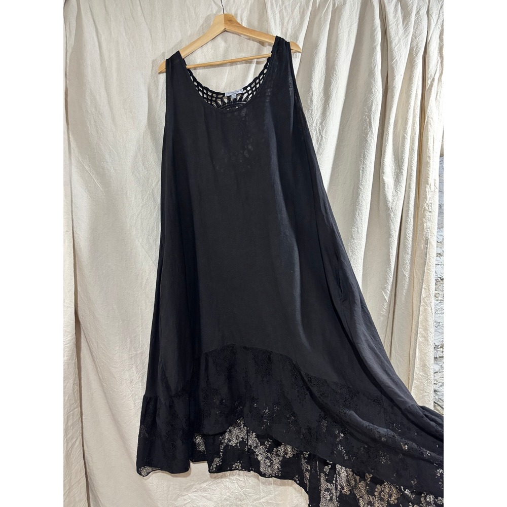 Cristina Vergani Italy Black Linen Blend Crochet Back Lace Hem Maxi Dress 3X